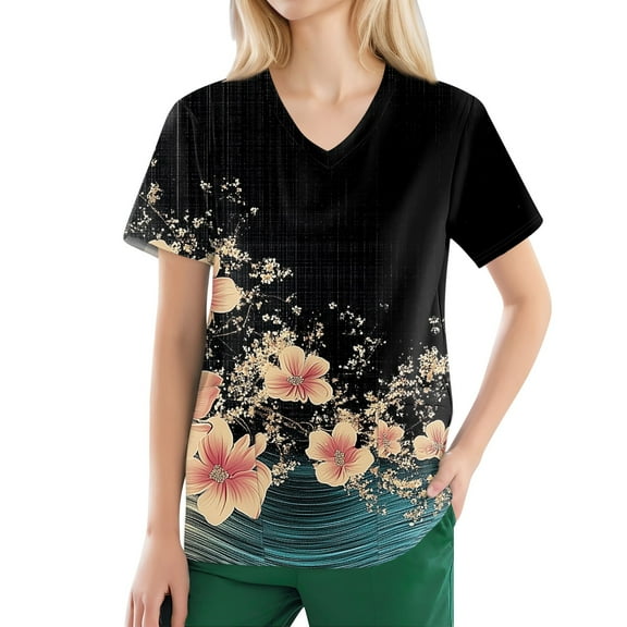Plus Size Scrubs for Women Stretch,Women's V-Neck Scrub Tops Short Sleeve with Pockets - Floral Printed Nurse Medical Work Uniform Blouse - Black - L