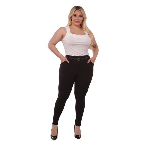 Plus Size Sculpting Treggings With Faux Leather Belt - Black