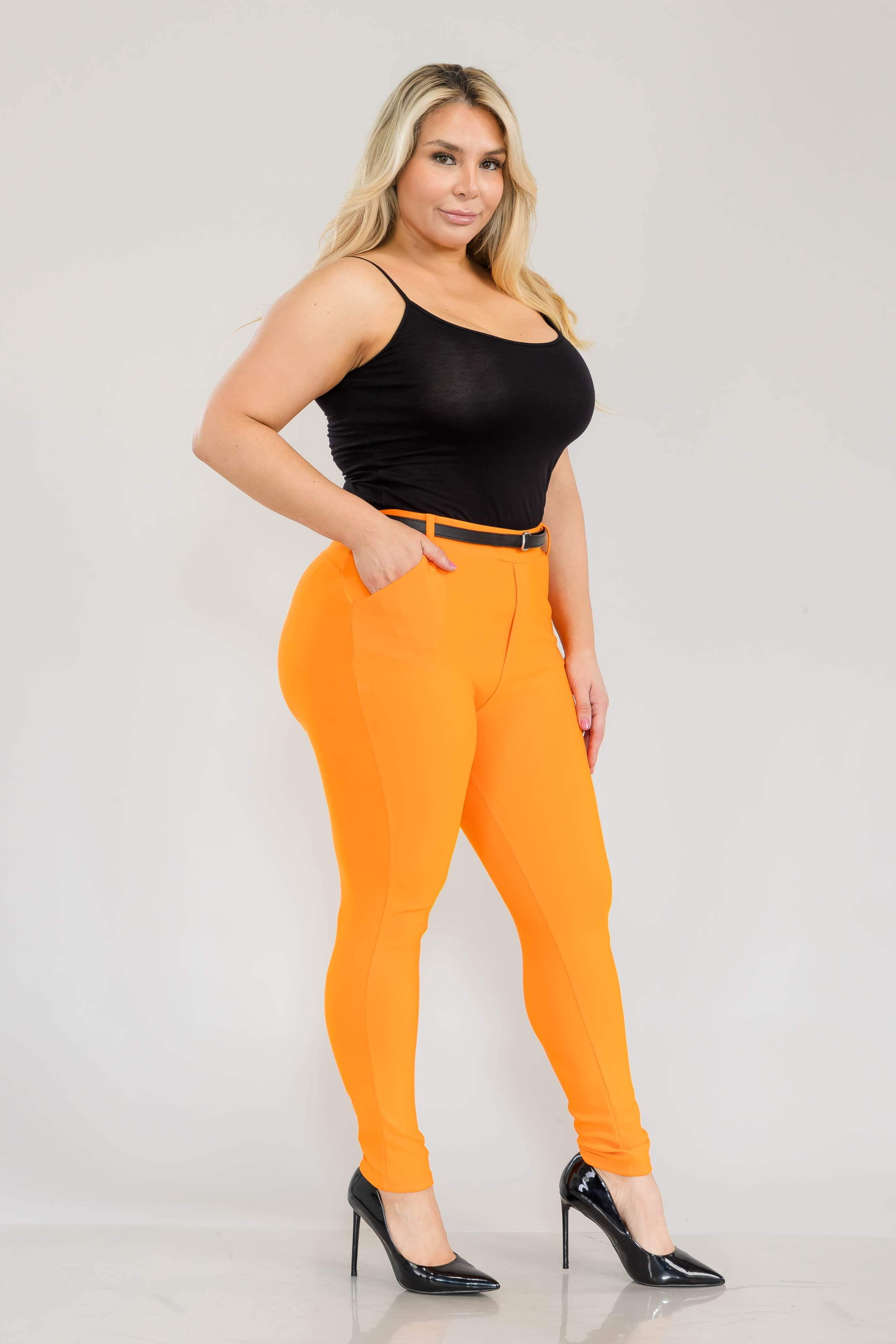 Plus Size Sculpting Treggings With Faux Leather Belt - Orange