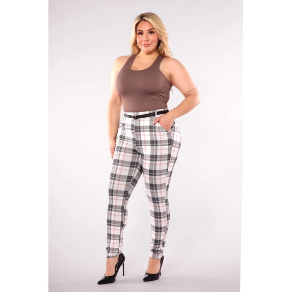 Plus Size Sculpting Treggings With Faux Leather Belt - Sage White Plaid