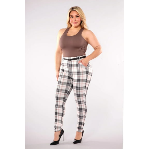 Plus Size Sculpting Treggings With Faux Leather Belt - Sage  White Plaid