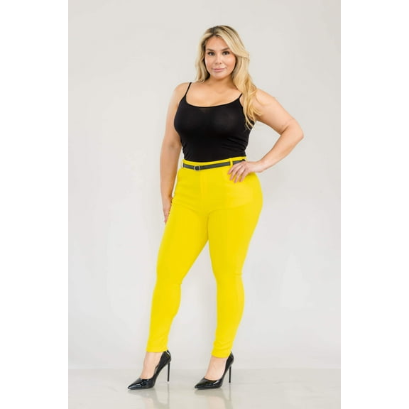 Plus Size Sculpting Treggings With Faux Leather Belt - Yellow