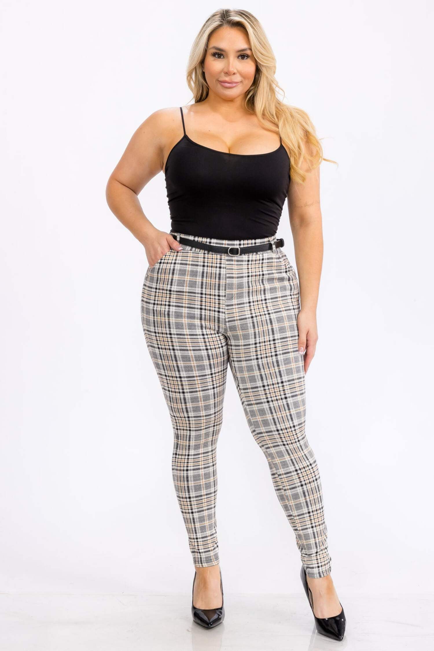 Plus Size Sculpting Treggings with Faux Leather Belt - Black, Brown Plaid