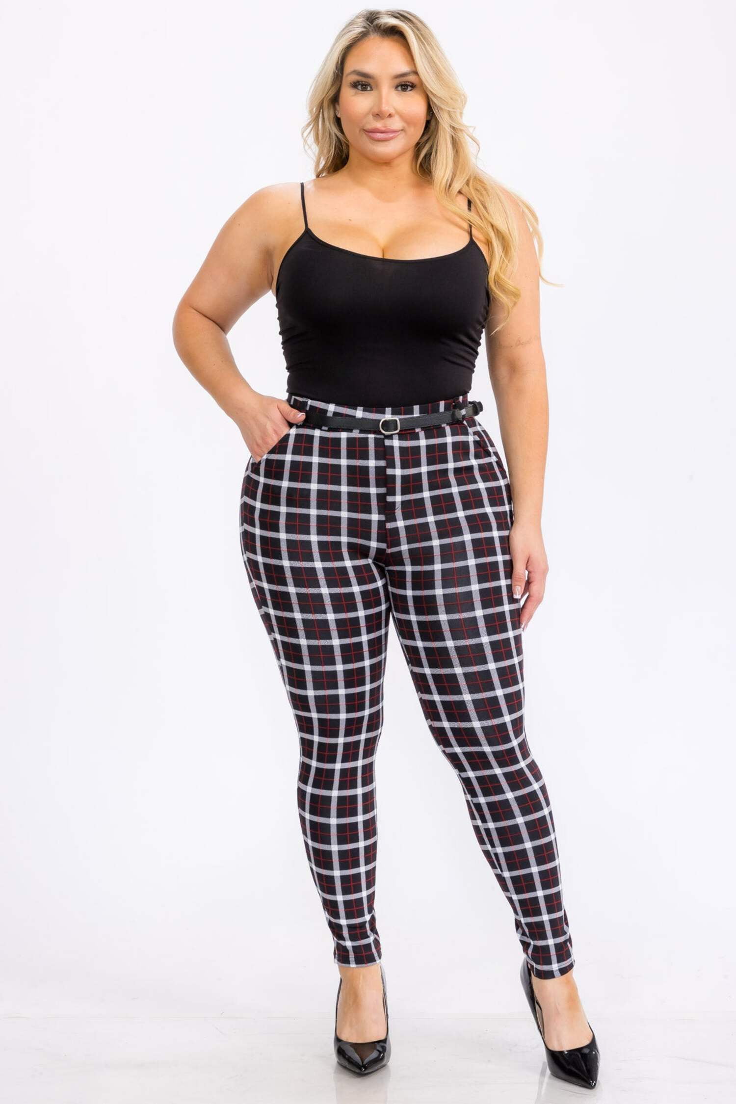 Plus Size Sculpting Treggings with Faux Leather Belt - Black, White, Red Plaid