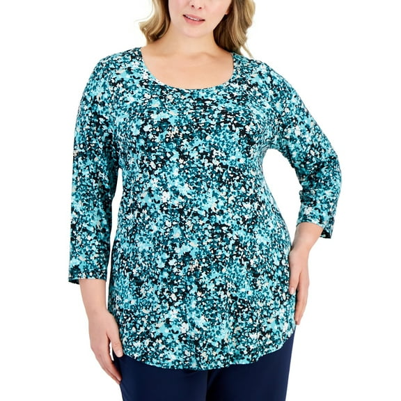 Plus Size Sea of Petals Scoop-Neck Top Teal Evergreen Combo 2X