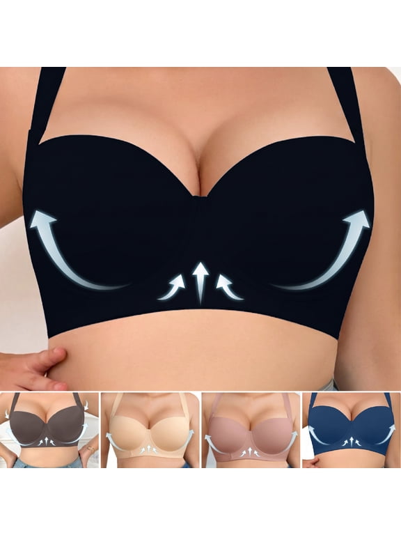Plus Size Seamless Bras for Women Underwire Deep V Push Up Everyday Bralettes Comfort Full Coverage Bralette for Large Breasts Black Bras,Size 36C-46C