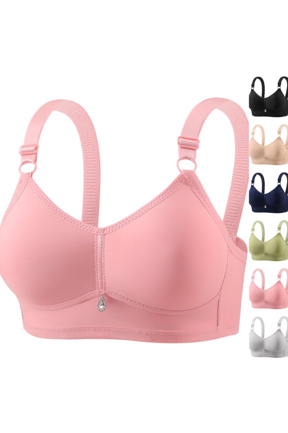 Plus Size Seamless Solid Comfort Bra, Sparkle Rhinestone Detail Wide Adjustable Strap Full Bust Support Shaping Bra Pink 44