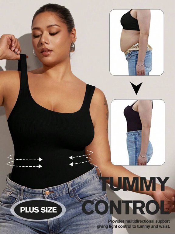 Plus Size Seamless Tummy Control Tank Top Black-2 Square Neck Shapewear Camisole