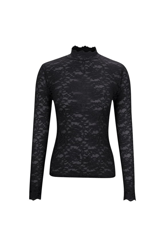 Plus Size See Through Lace Tops for Women Elegant Mock Neck Base Layer Shirts Long Sleeve Tee Tunic