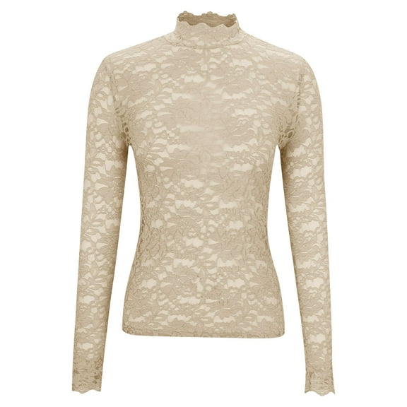 Plus Size See Through Lace Tops for Women Elegant Mock Neck Base Layer Shirts Long Sleeve Tee Tunic
