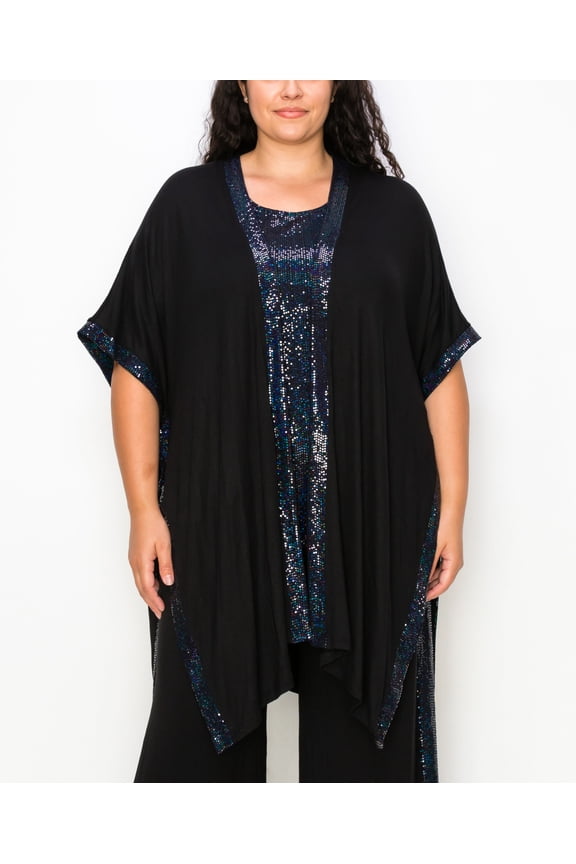 Plus Size Sequin Contrast Kimono Top Black Black one size