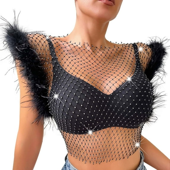 Plus Size Sequin Fishnet Backless Feather Top Women's Nightclub Party Fashion Blouse Elegant Outfit