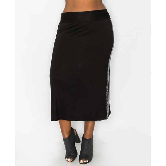 Plus Size Sequin Side Contrast Fold Over Midi Skirt Silver-Tone Black 2X