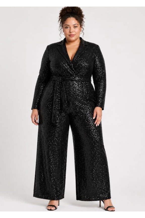 Plus Size Sequin Tailored Jumpsuit -  Size 16  Wide Leg Black Jumpsuit with Waist Tie and Shawl Lapel - Formal Evening Wear & Special Occasion One-Piece - Sparkly Party Outfit for Women