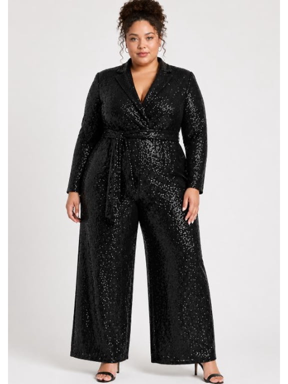 Plus Size Sequin Tailored Jumpsuit - Size 16 Wide Leg Black Jumpsuit with Waist Tie and Shawl Lapel - Formal Evening Wear & Special Occasion One-Piece - Sparkly Party Outfit for Women