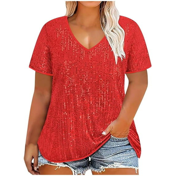Plus Size Sequin Top for Women Short Sleeve Party Blouse Evening Sparkle Shimmer V Neck Glitter Shirt Ladies Holiday Outfits Spring Fashion Clothes