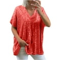 thumbnail image 1 of Plus Size Sequin Tops Women Fashion V Neck Loose Short Sleeve Sparkly Glitter T Shirt Party Club Casual Shiny Tees (Small, Red), 1 of 5