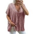 thumbnail image 1 of Plus Size Sequin Tops Women Fashion V Neck Loose Short Sleeve Sparkly Glitter T Shirt Party Club Casual Shiny Tees (X-Large, Pink), 1 of 6