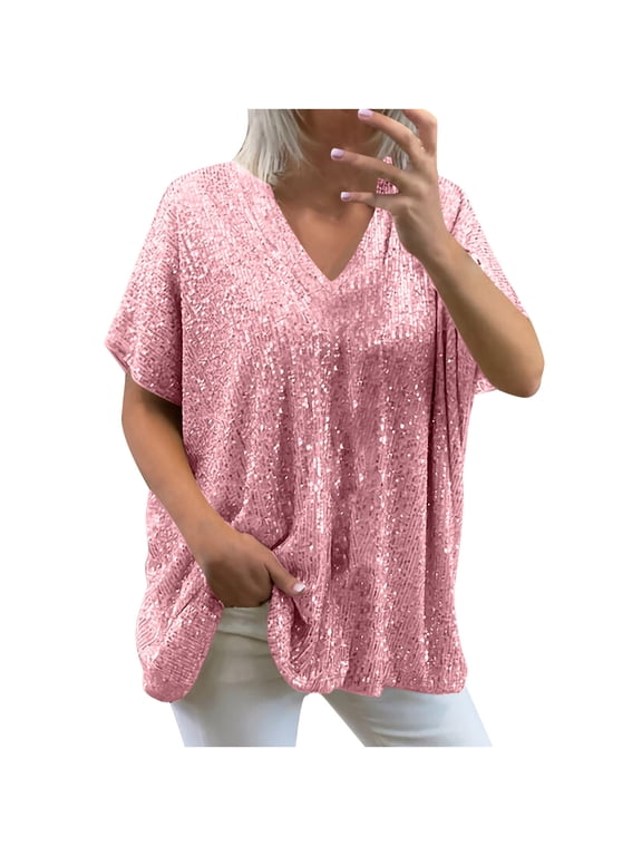 Plus Size Sequin Tops Women Fashion V Neck Loose Short Sleeve Sparkly Glitter T Shirt Party Club Casual Shiny Tees (XX-Large, Pink 01)