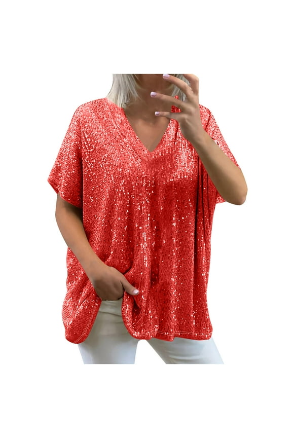 Plus Size Sequin Tops for Women Elegant Evening Sparkle Sequin Half Sleeve Flowy Shirts V Neck Short Sleeve Loose Blouse Festival Outfits