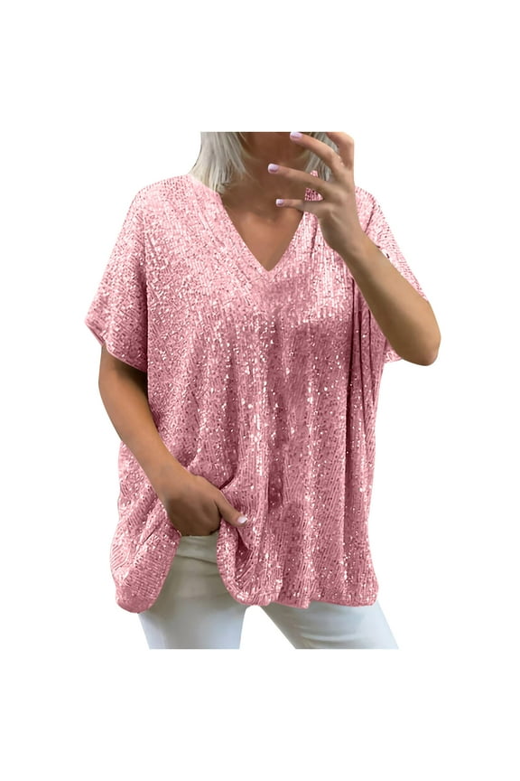 Plus Size Sequin Tops for Women Sparkly Blouses Dressy Casual Loose Fit Sexy Deep V Half Sleeve Evening Party Shirts