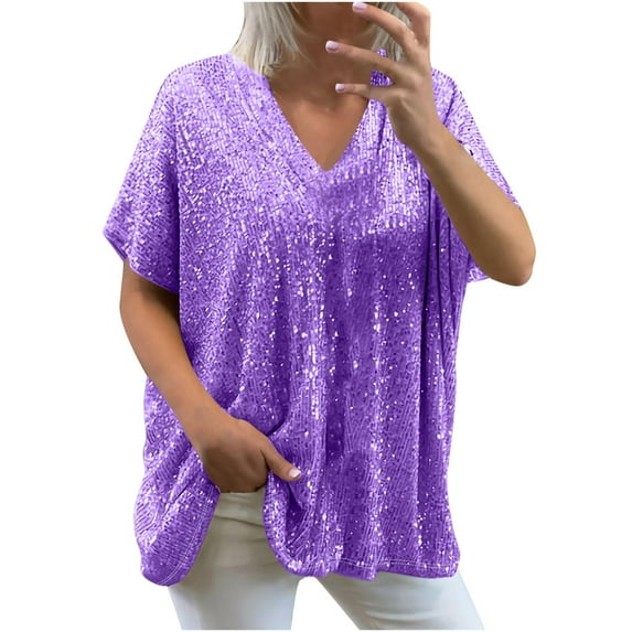 Plus Size Sequin Tops for Women Sparkly Blouses Dressy Casual Loose Fit Sexy Deep V Half Sleeve Evening Party Shirts