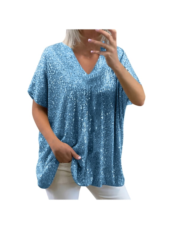 Plus Size Sequin Tops for Women Sparkly Blouses Dressy Casual Loose Fit Sexy Deep V Neck Half Short Sleeve Evening Party Shirts