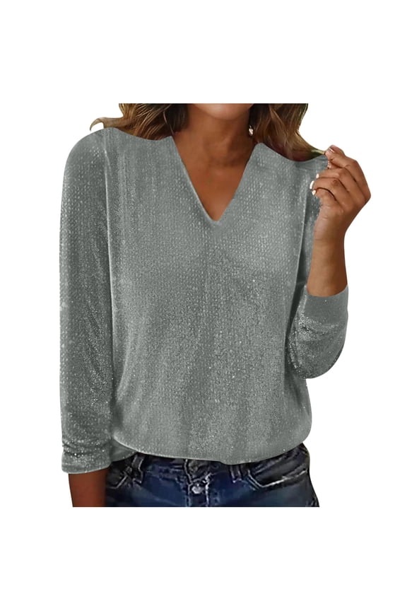 Plus Size Sequin Tops for Women V-Neck Dressy Shirts 3/4 Sleeve Maternity Tunics Work Tops Lightweight Glitter Tunic Pregnancy Blouses