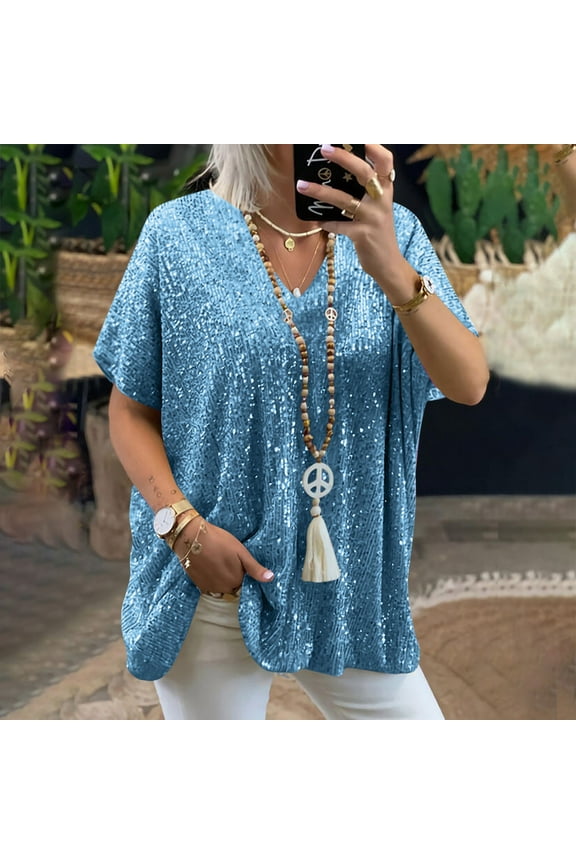 Plus Size Sequin Tops for Women V Neck Short Sleeve Party Shirts Summer Wedding Blouse Loose Elegant Dressy Blouses