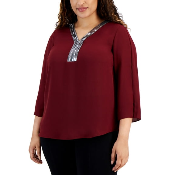 Plus Size Sequined-Neck 3/4-Sleeve Top Dark Rust 2X