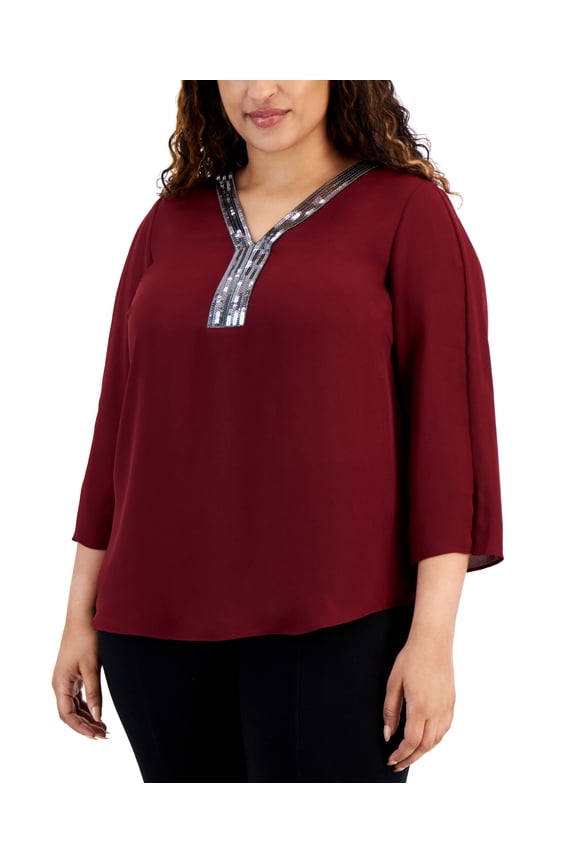 Plus Size Sequined-Neck 3/4-Sleeve Top Dark Rust 4X