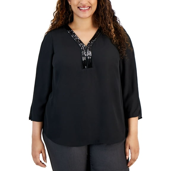 Plus Size Sequined-Neck 3/4-Sleeve Top Deep Black 4X