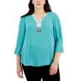 thumbnail image 1 of Plus Size Sequined-Neck 3/4-Sleeve Top Seascape 0X, 1 of 1