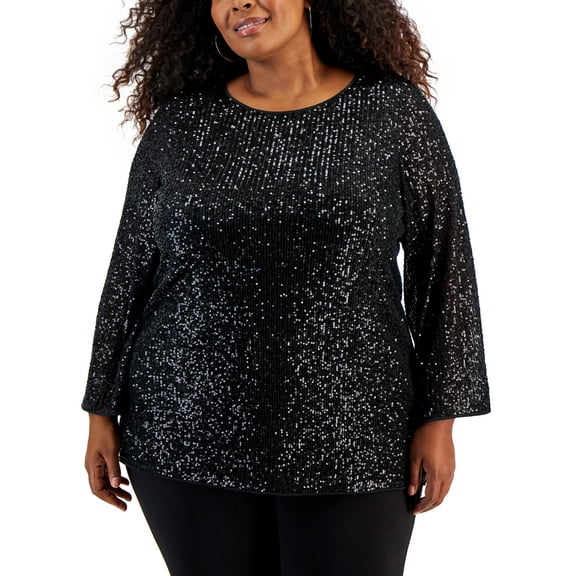 Plus Size Sequined Pullover Tunic Deep Black 1X