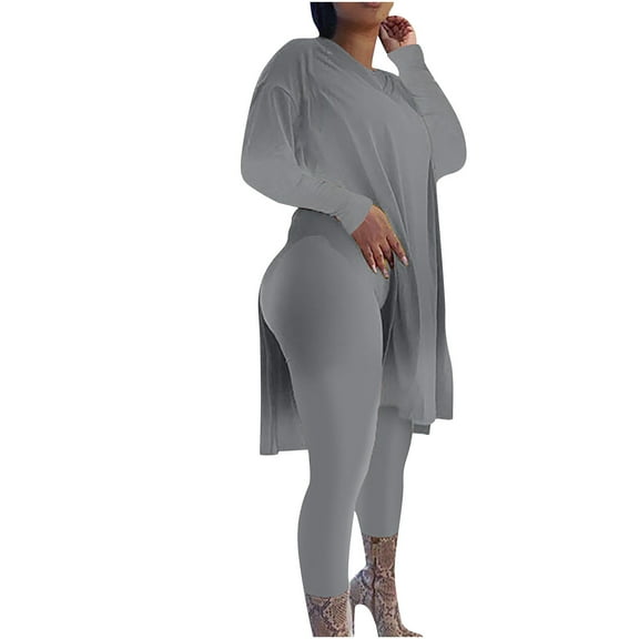 Plus Size Sets for Women S-5X 2 Piece Long Sleeve Slit V Neck Tops Legging Pants Casual Outfits Solid Comfort Going Out Loungewear Suits Set