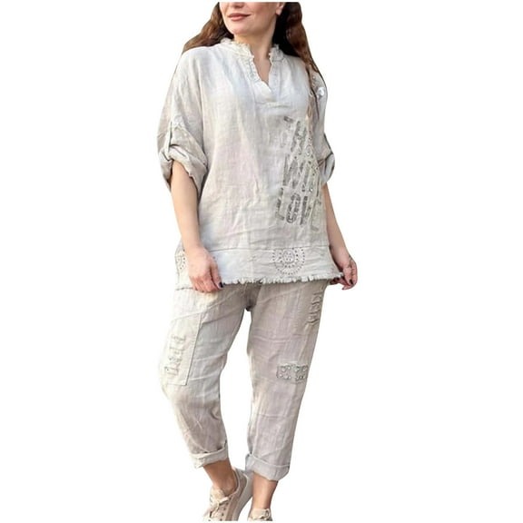 Plus Size Sets Womens Casual Loose Fall Winter Fashionable Letter Printed Short Sleeved V-Neck Top And Pants Sports Set,Beige,2XL