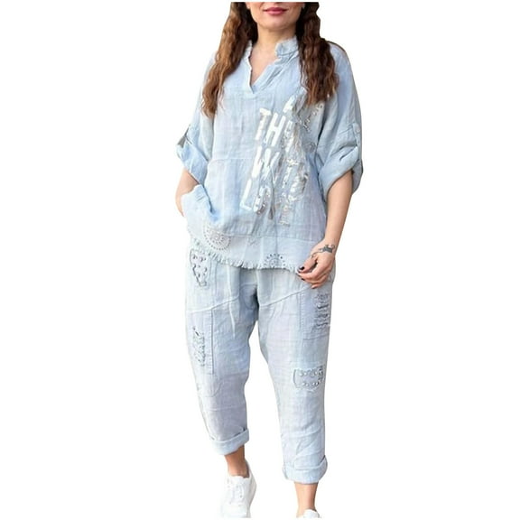 Plus Size Sets Womens Casual Loose Fall Winter Fashionable Letter Printed Short Sleeved V-Neck Top And Pants Sports Set,Light Blue,3XL