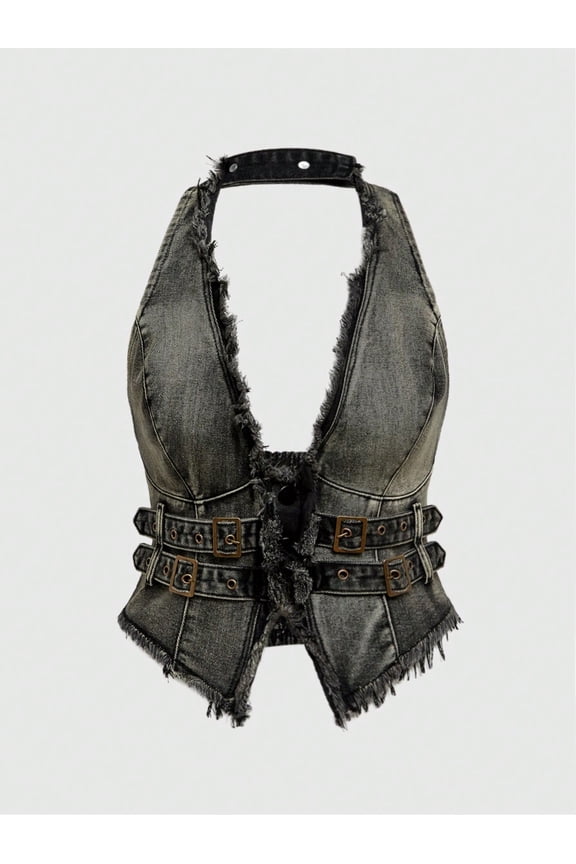 Plus Size Sexy Halter Backless Asymmetrical Crop Denim Tank Top with Grommet Eyelet Details