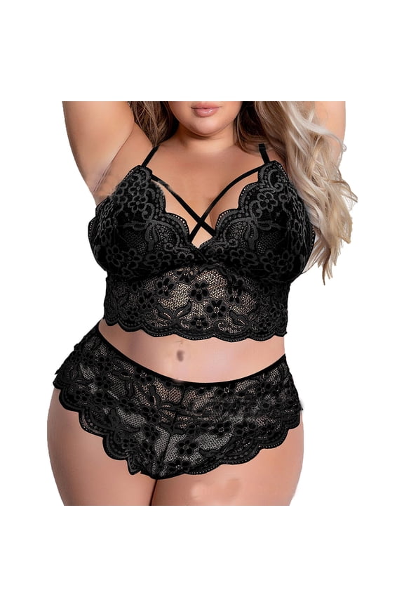 Plus Size Sexy Valentines Lingerie V-Neck High Waist Floral Lace Criss Cross Bra Panty Set No Underwire