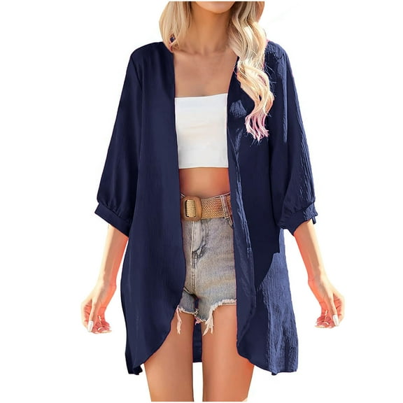 Plus Size Shacket Jacket for Women 3/4 Sleeve Plus Size Cardigan Button Down Knee Lenght Blouse Loose Anti-Wrinkle Casual Lightweight Cover Up Long Shirt Navy XXL