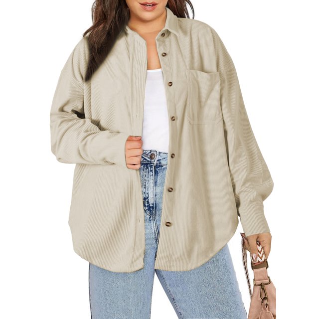 Plus Size Shacket Women Long Sleeve Button Down Boyfriend Shirts Casual