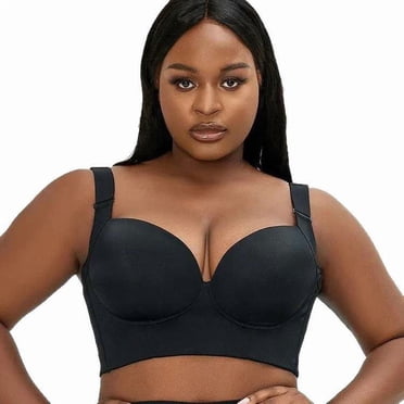 Plus-Size Shaping & Lifting Bra — Seamless, Underwire Lingerie: Push-Up, Anti-Sagging, Sports-Style, Back-Beautifying, Deep V-Neck Bra — Black