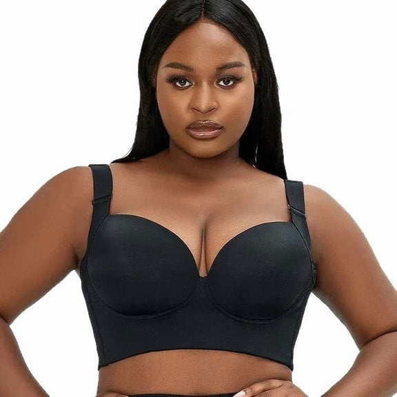 Plus-Size Shaping & Lifting Bra — Seamless, Underwire Lingerie: Push-Up, Anti-Sagging, Sports-Style, Back-Beautifying, Deep V-Neck Bra — Black