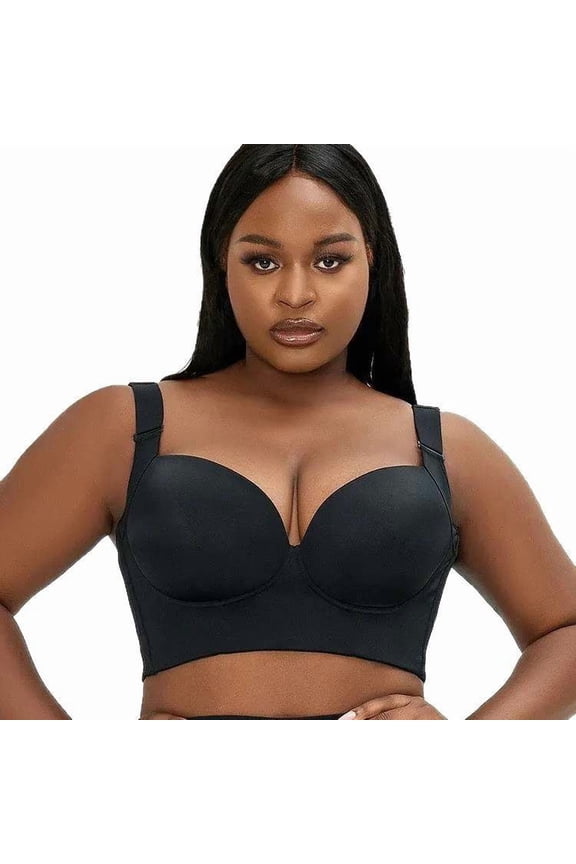 Plus-Size Shaping & Lifting Bra — Seamless, Underwire Lingerie: Push-Up, Anti-Sagging, Sports-Style, Back-Beautifying, Deep V-Neck Bra — Black