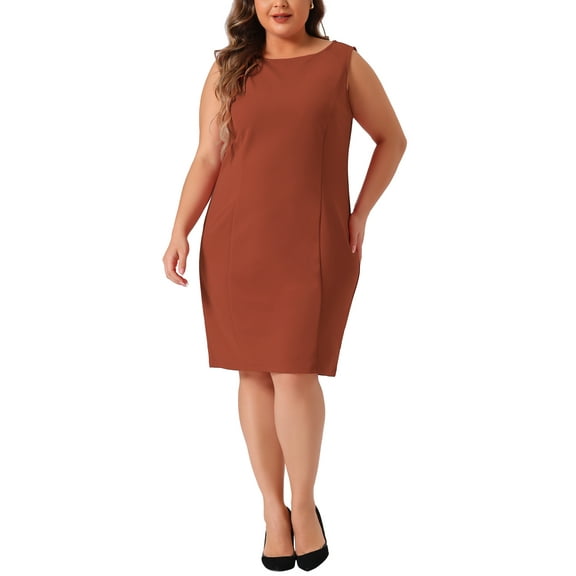 Agnes Orinda Women's Plus Size Sheath Dress Sleeveless Boat Neck Casual Straight Pencil Work Dresses 3X Brown