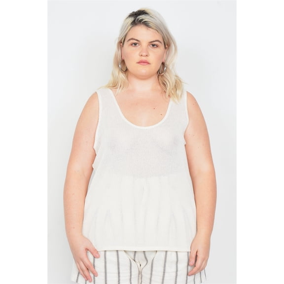 Plus Size Sheer Ivory Ribbed Causal Tank Top