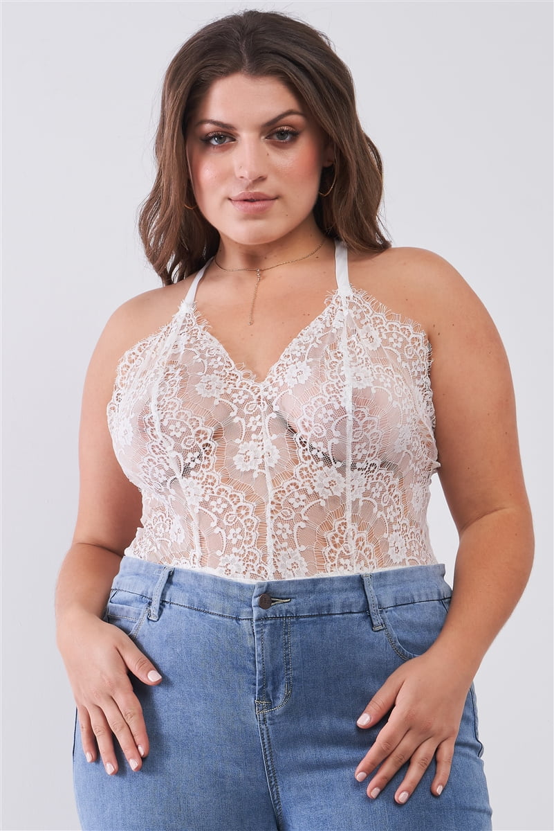 Plus Size Sheer Lace Sleeveless V-neck Criss-cross Back Strap Bodysuit 3XL  - Walmart.com