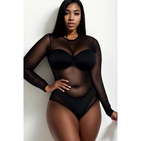 Plus Size Sheer Mesh Long Sleeve Bodysuit