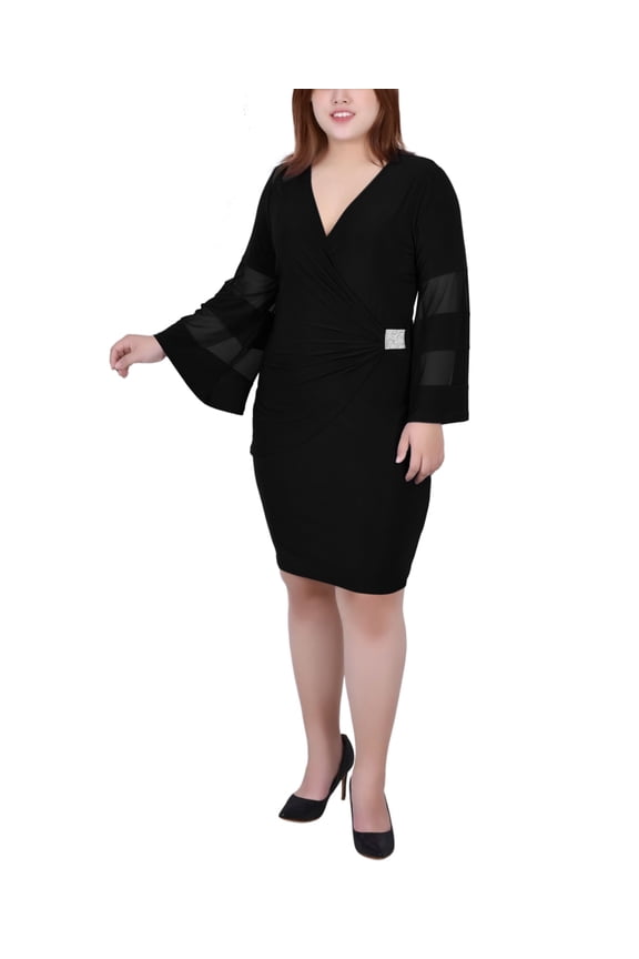 Plus Size Sheer-Sleeve Wrap Dress Black 1X
