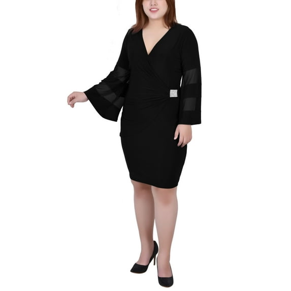 Plus Size Sheer-Sleeve Wrap Dress Black 1X